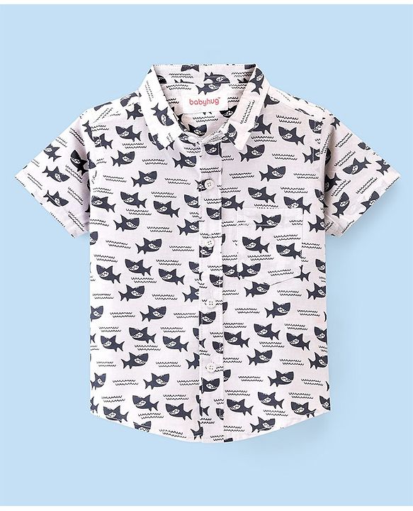 Babyhug Cotton Woven Half Sleeves Shirt Shark Printed - White