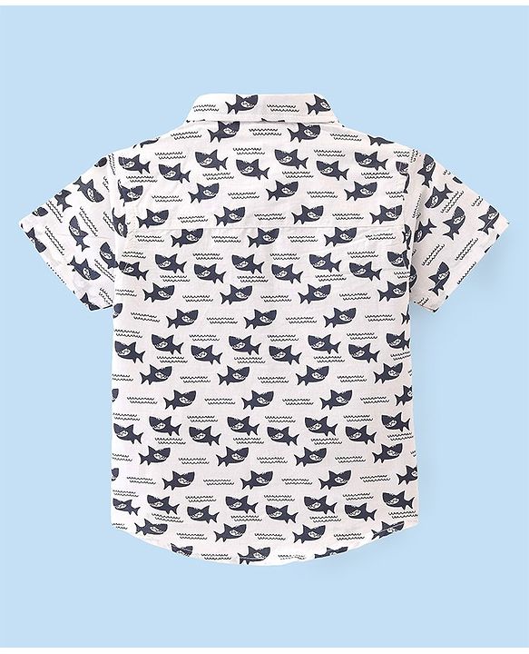 Babyhug Cotton Woven Half Sleeves Shirt Shark Printed - White