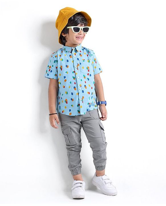 Babyhug 100% Cotton Woven Half Sleeves Abstract Printed Shirt - Blue