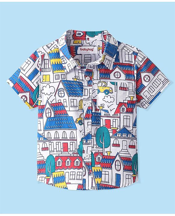 Babyhug 100% Cotton Woven  Half Sleeves Shirt with City Theme Print  - White