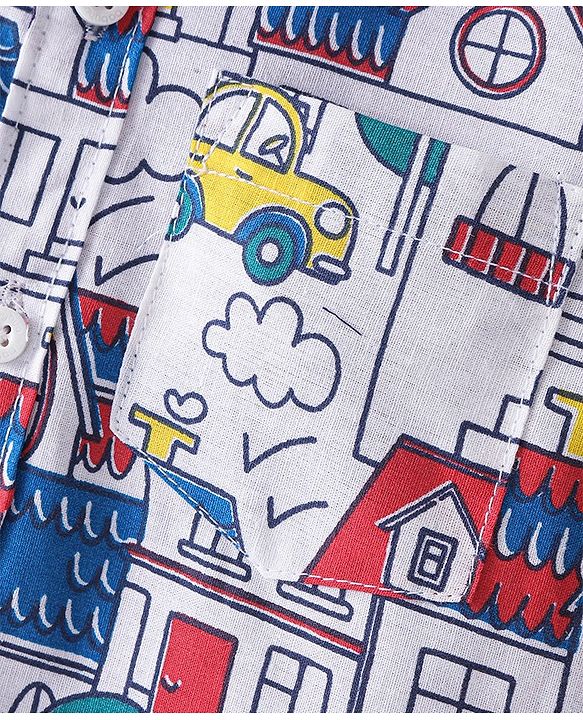 Babyhug 100% Cotton Woven  Half Sleeves Shirt with City Theme Print  - White
