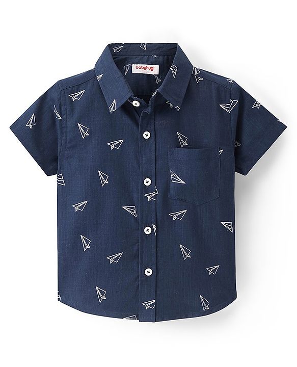 Babyhug Cotton Woven Half Sleeves Paper Planes Printed Shirt - Blue