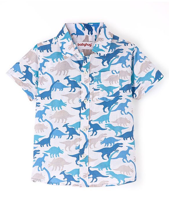 Babyhug Cotton Knit Half Sleeves Dino Printed Shirt - White & Blue