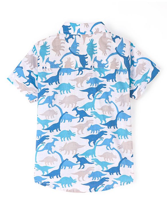 Babyhug Cotton Knit Half Sleeves Dino Printed Shirt - White & Blue