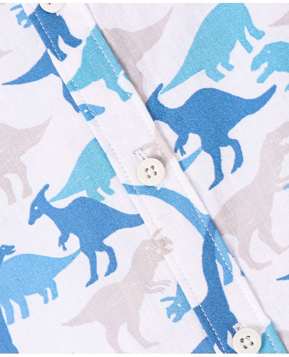 Babyhug Cotton Knit Half Sleeves Dino Printed Shirt - White & Blue