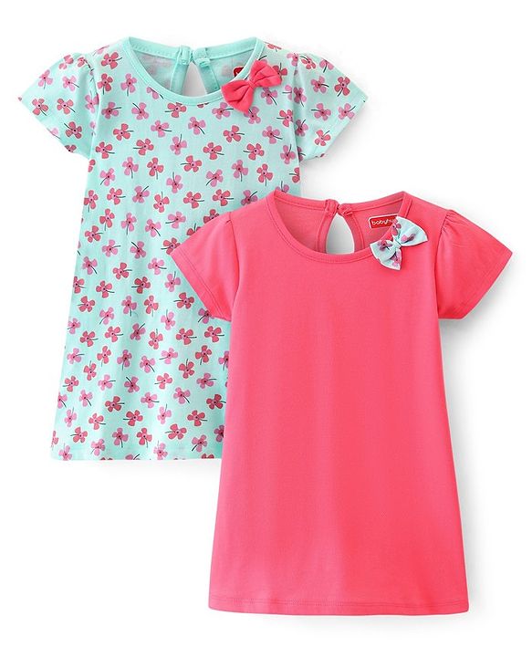 Babyhug 100% Cotton Knit Half Sleeves Frocks with Floral Print & Bow Applique Pack of 2- Pink & Blue