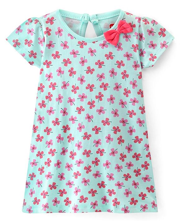 Babyhug 100% Cotton Knit Half Sleeves Frocks with Floral Print & Bow Applique Pack of 2- Pink & Blue