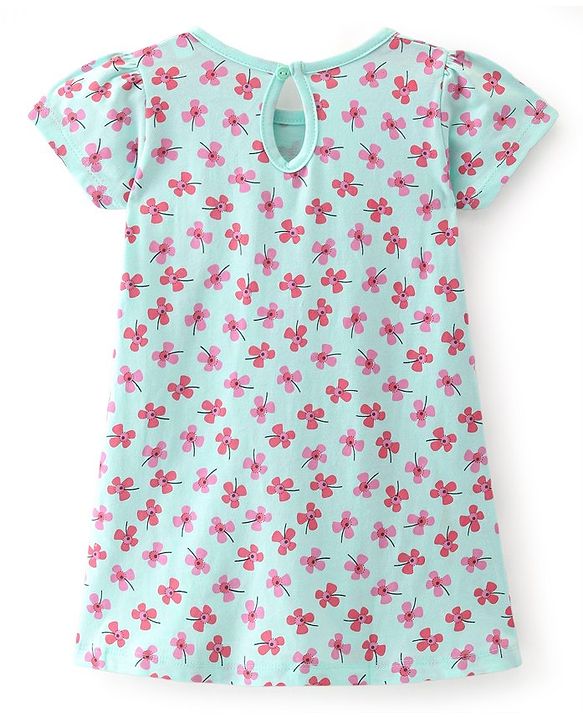 Babyhug 100% Cotton Knit Half Sleeves Frocks with Floral Print & Bow Applique Pack of 2- Pink & Blue