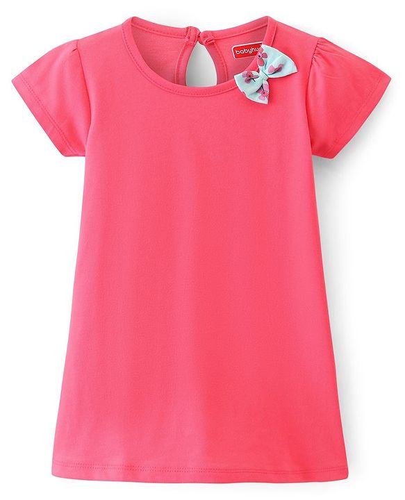 Babyhug 100% Cotton Knit Half Sleeves Frocks with Floral Print & Bow Applique Pack of 2- Pink & Blue