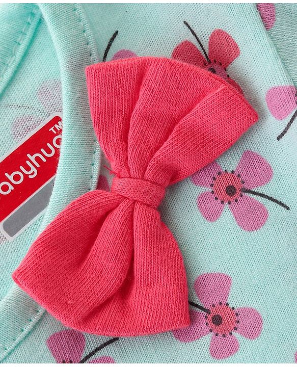 Babyhug 100% Cotton Knit Half Sleeves Frocks with Floral Print & Bow Applique Pack of 2- Pink & Blue