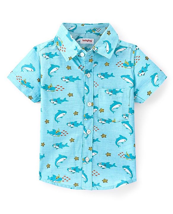Babyhug 100% Cotton Knit Half Sleeve Shirt With Shark Print - Blue