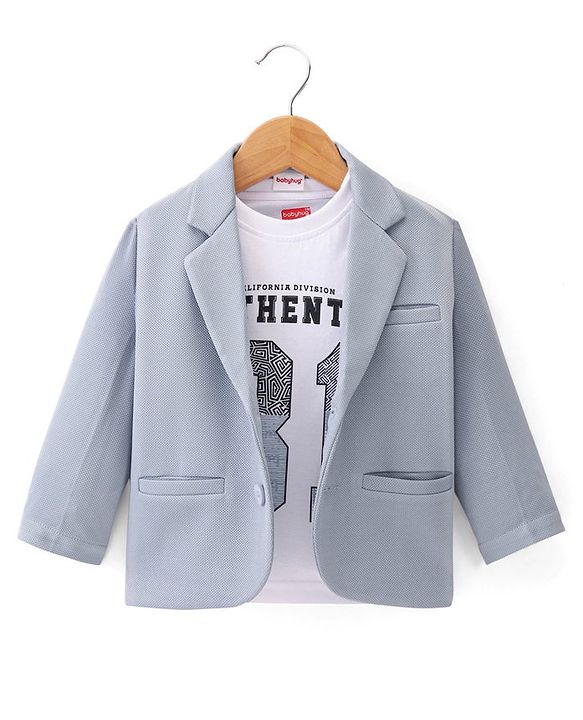 Babyhug Full Sleeves Solid Colour Party Wear Blazer with Graphic Printed T-Shirt - Blue