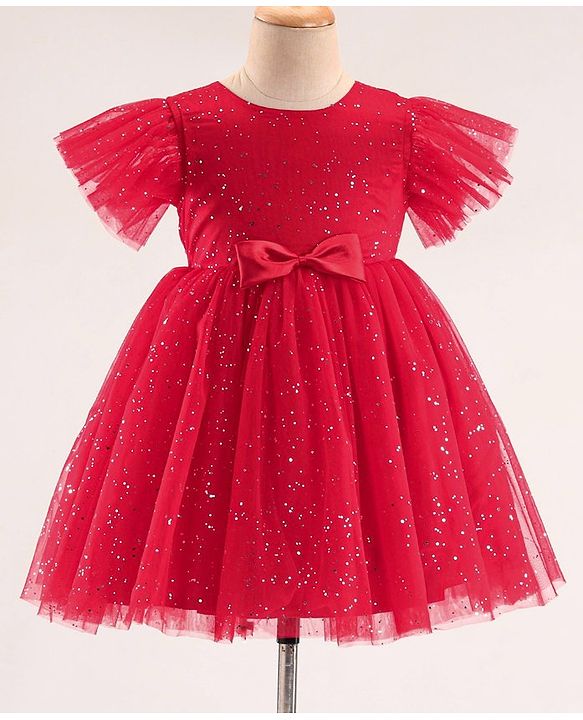 Babyhug Half Sleeves Party Frock with Glitter Print & Bow Detailing - Red