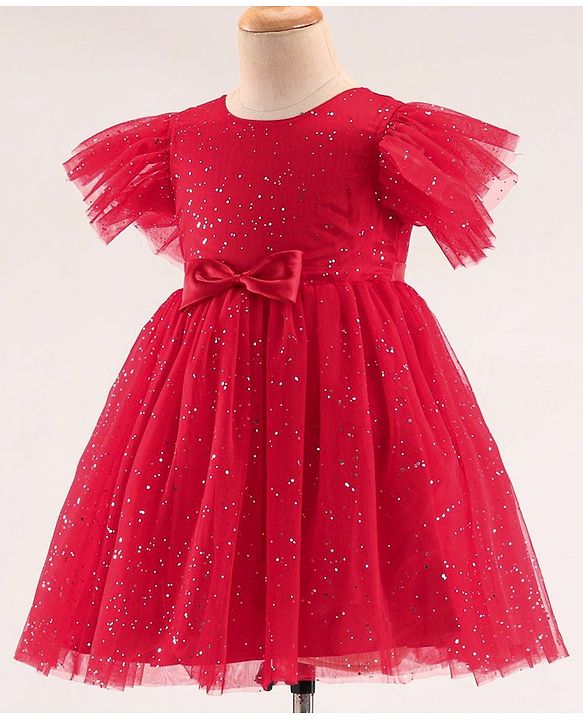 Babyhug Half Sleeves Party Frock with Glitter Print & Bow Detailing - Red
