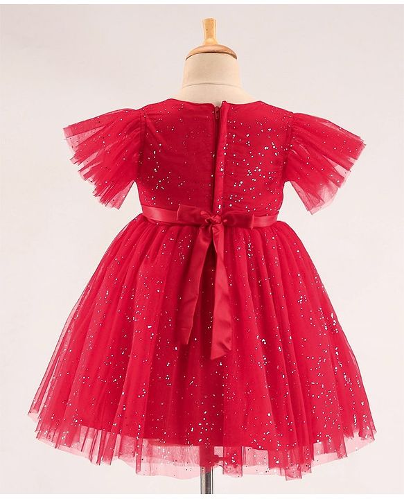 Babyhug Half Sleeves Party Frock with Glitter Print & Bow Detailing - Red