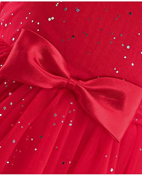 Babyhug Half Sleeves Party Frock with Glitter Print & Bow Detailing - Red