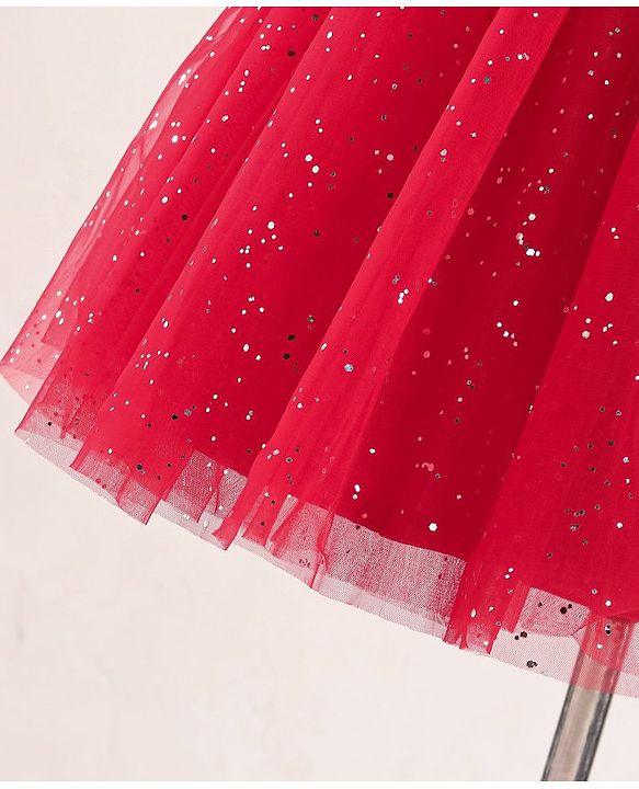 Babyhug Half Sleeves Party Frock with Glitter Print & Bow Detailing - Red