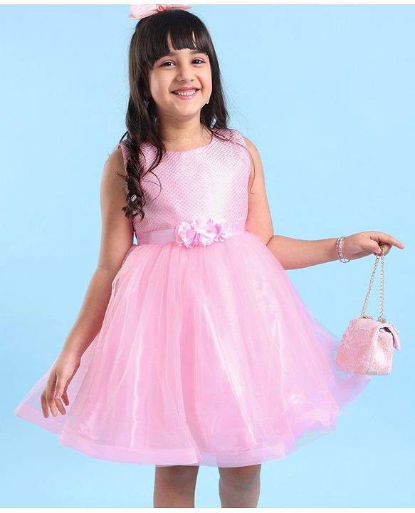 Babyhug Woven Sleeveless Sequinned Party Frock with Floral Corsage - Pink