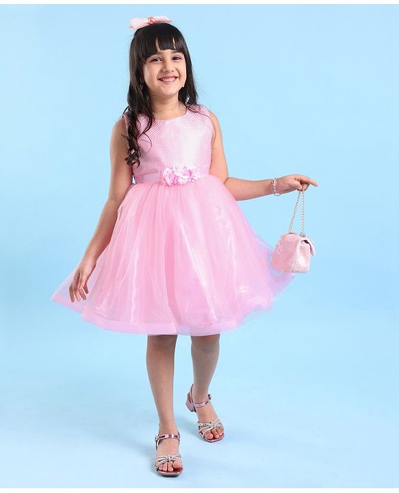 Babyhug Woven Sleeveless Sequinned Party Frock with Floral Corsage - Pink