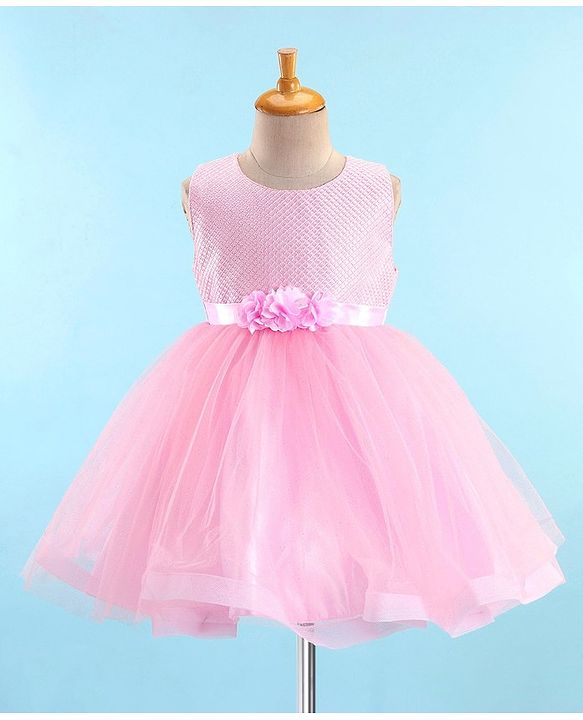 Babyhug Woven Sleeveless Sequinned Party Frock with Floral Corsage - Pink