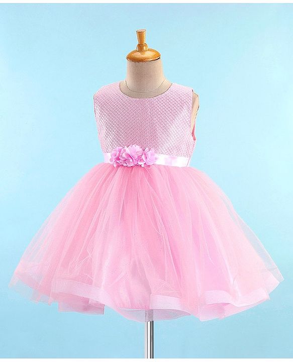 Babyhug Woven Sleeveless Sequinned Party Frock with Floral Corsage - Pink