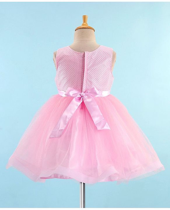 Babyhug Woven Sleeveless Sequinned Party Frock with Floral Corsage - Pink