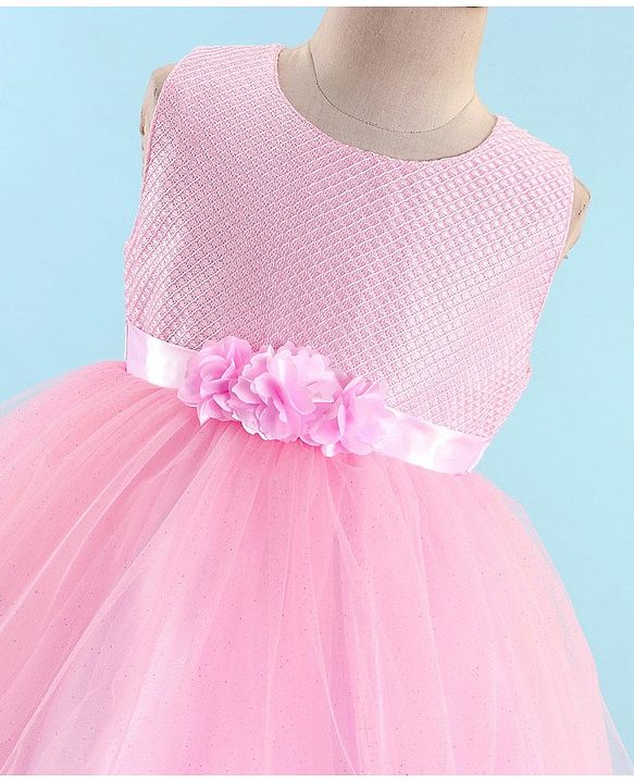 Babyhug Woven Sleeveless Sequinned Party Frock with Floral Corsage - Pink