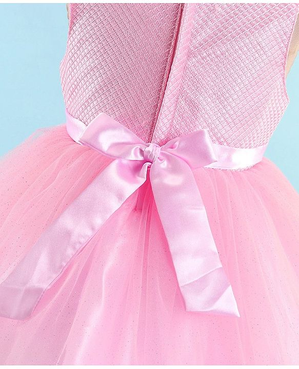 Babyhug Woven Sleeveless Sequinned Party Frock with Floral Corsage - Pink
