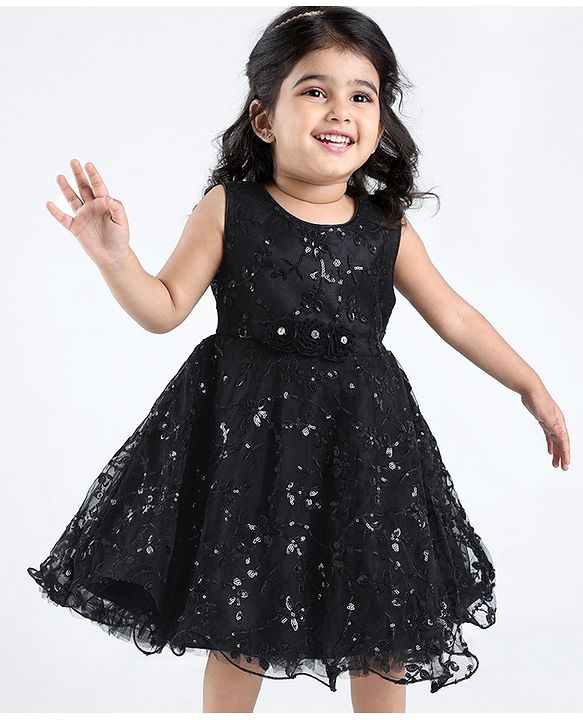 Babyhug Woven Sleeveless Party Frock with Floral Sequin Corsage & Net Detailing - Black