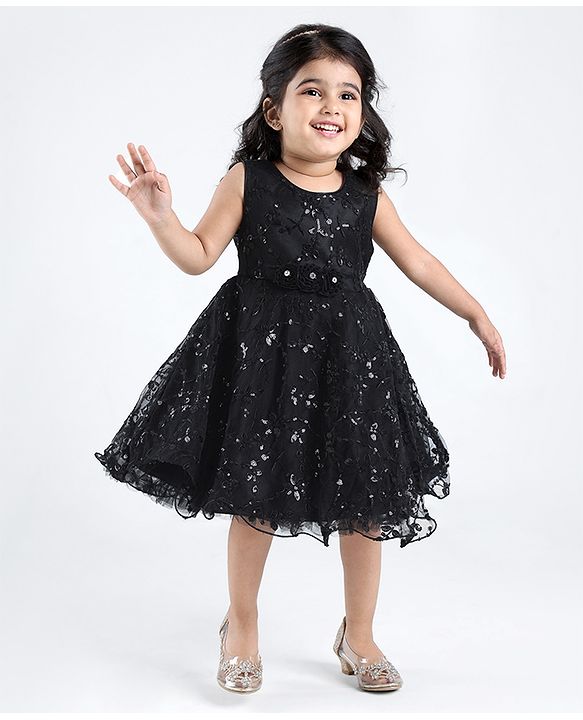 Babyhug Woven Sleeveless Party Frock with Floral Sequin Corsage & Net Detailing - Black