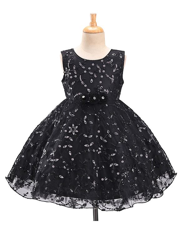 Babyhug Woven Sleeveless Party Frock with Floral Sequin Corsage & Net Detailing - Black