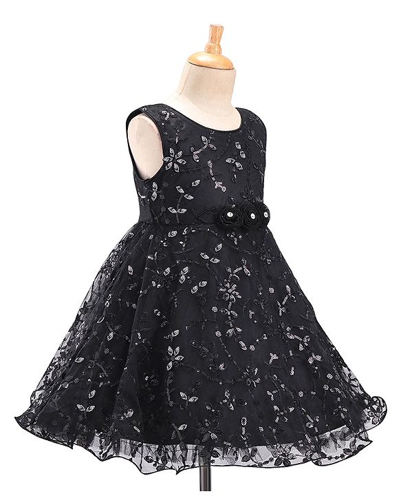 Babyhug Woven Sleeveless Party Frock with Floral Sequin Corsage & Net Detailing - Black