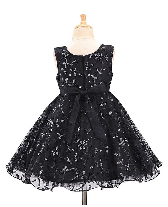 Babyhug Woven Sleeveless Party Frock with Floral Sequin Corsage & Net Detailing - Black
