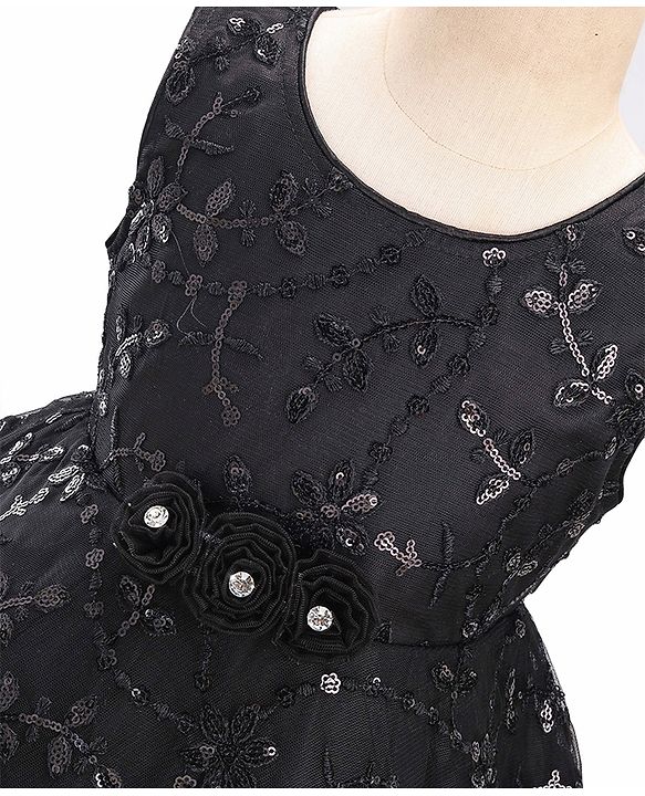 Babyhug Woven Sleeveless Party Frock with Floral Sequin Corsage & Net Detailing - Black