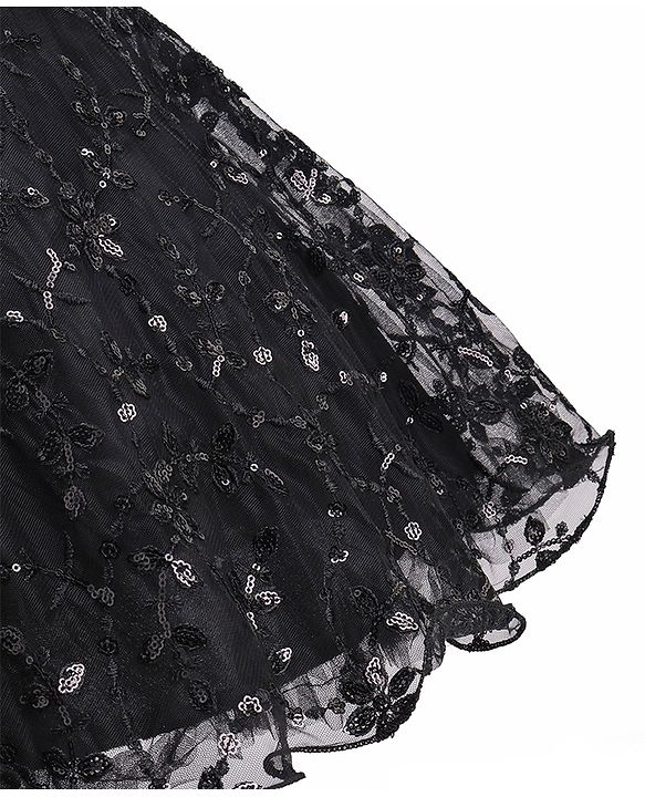 Babyhug Woven Sleeveless Party Frock with Floral Sequin Corsage & Net Detailing - Black