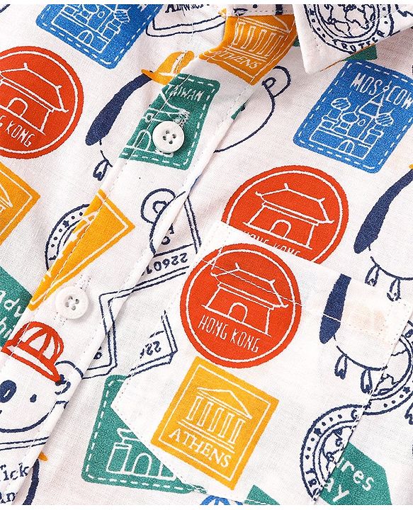 Babyhug Cotton Woven Half Sleeves  Regular Collar Shirt Teddy & Stamp Print - White