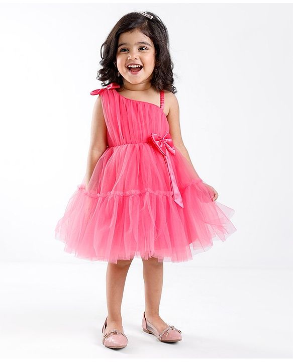 Babyhug Sleeveless Mesh Party Frock with Bow Applique -  Magenta