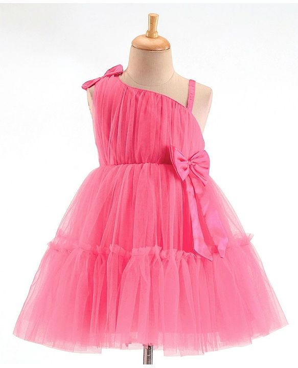 Babyhug Sleeveless Mesh Party Frock with Bow Applique -  Magenta