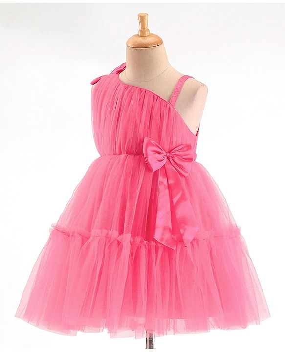 Babyhug Sleeveless Mesh Party Frock with Bow Applique -  Magenta