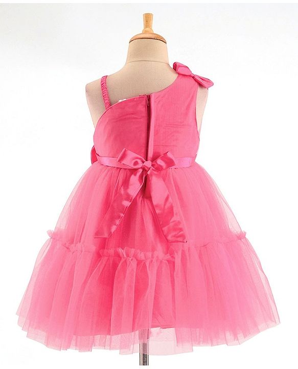 Babyhug Sleeveless Mesh Party Frock with Bow Applique -  Magenta