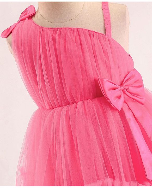 Babyhug Sleeveless Mesh Party Frock with Bow Applique -  Magenta