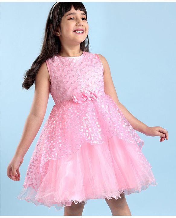 Babyhug Sleeveless Embroidered Party Frock with Floral Applique -  Light Pink