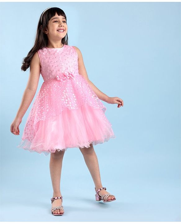Babyhug Sleeveless Embroidered Party Frock with Floral Applique -  Light Pink