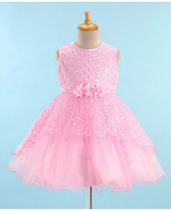 Babyhug Sleeveless Embroidered Party Frock with Floral Applique -  Light Pink