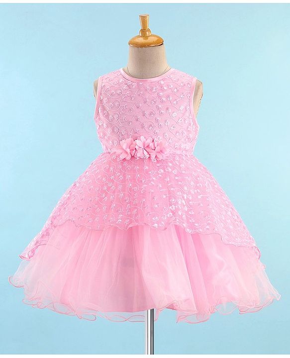 Babyhug Sleeveless Embroidered Party Frock with Floral Applique -  Light Pink