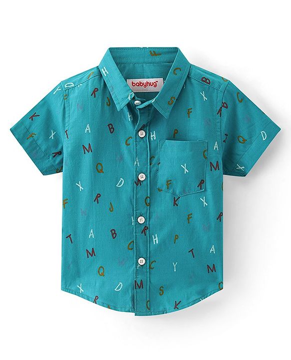 Babyhug 100% Cotton Woven Half Sleeves Regular Collar Alphabet Print Shirt- Green