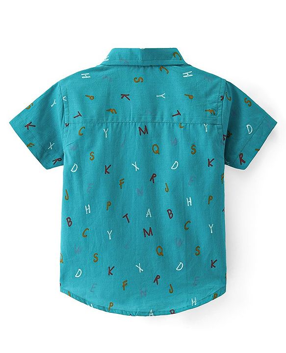 Babyhug 100% Cotton Woven Half Sleeves Regular Collar Alphabet Print Shirt- Green