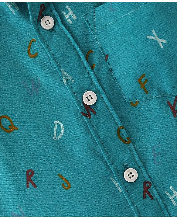 Babyhug 100% Cotton Woven Half Sleeves Regular Collar Alphabet Print Shirt- Green