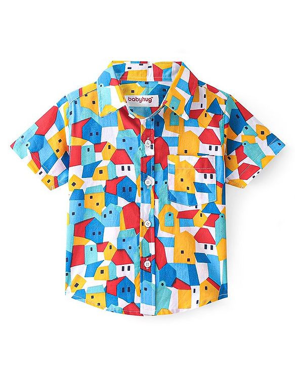 Babyhug Cotton Woven Half Sleeves House Print Shirt - Multicolour