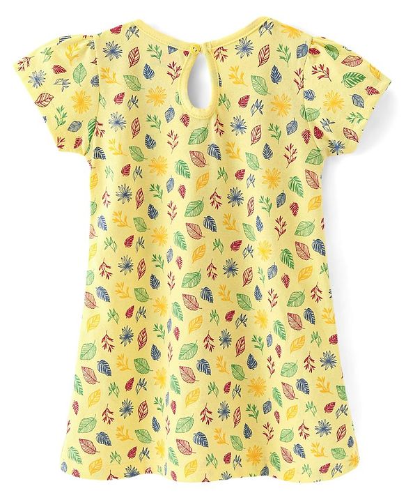 Babyhug 100% Cotton Single Jersey Knit Half Sleeves Frock With Bow Applique & Leaf Print Pack Of 2 - Yellow & Red